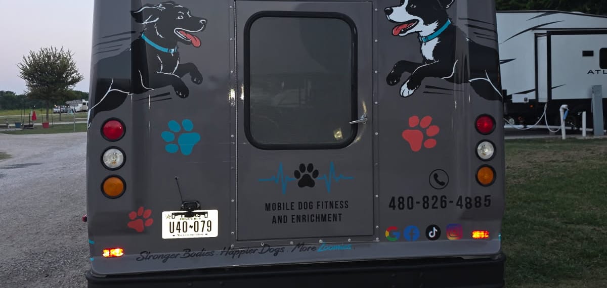The back of the Zoomie Bus, mobile dog fitness and enrichment